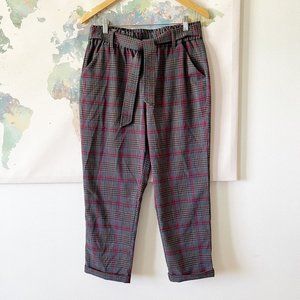 Altar'd State Pants Sz Medium Plaid Trousers Pull On Cuffed Blue Red Tan Belted